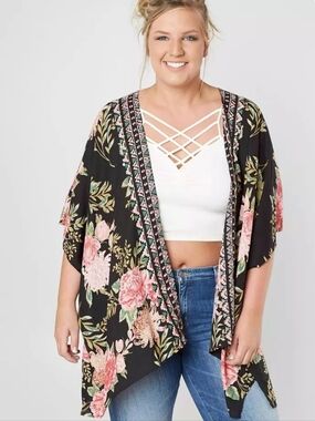 Angie Black Floral Draped Kimono